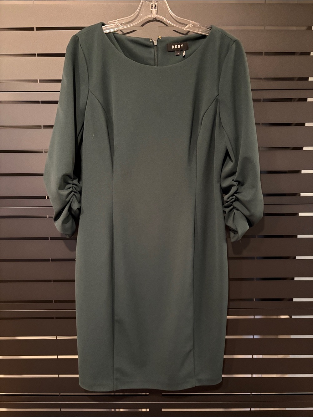 DKNY 3/4 Rouched Sleeve Dress in Forest Green